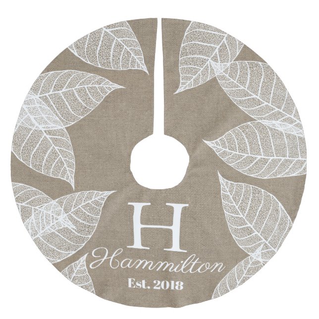 Elegant White Leaf Skeletons & Faux Burlap Brushed Polyester Tree Skirt (Front)