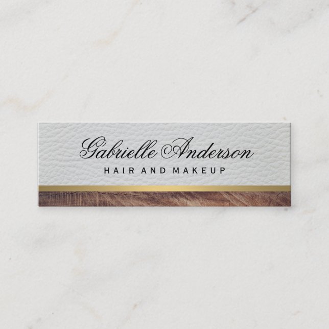 Elegant White Leather Rustic Wood with Gold Trim Mini Business Card (Front)