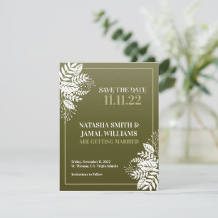 Elegant White Leaves, Olive Green Save The Date