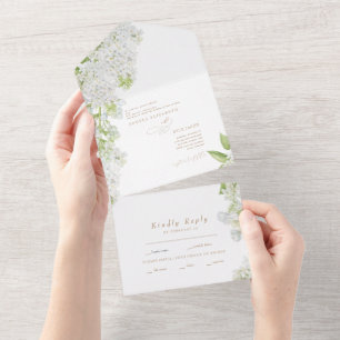 Elegant White Lilac Floral Wedding Gold Text All I In One Invitation