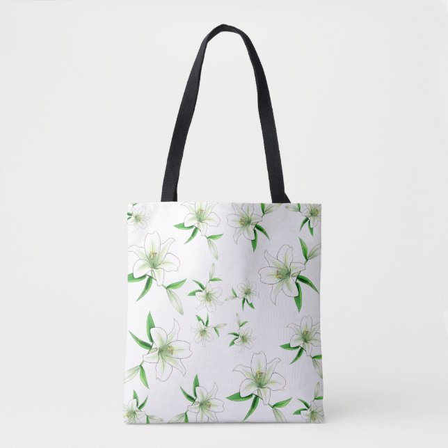 Elegant White Lilies Botanical Floral Pattern Tote Bag (Front)