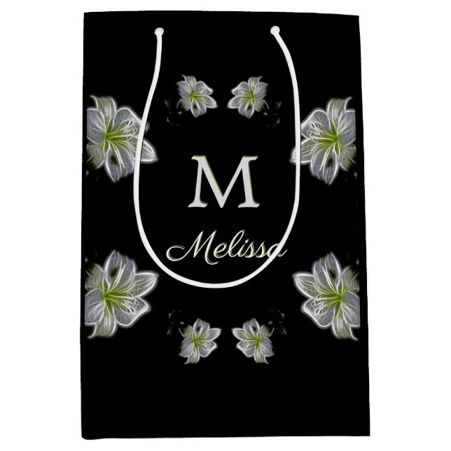 Elegant White Lilies Floral Monogram Name Medium Gift Bag (Front)