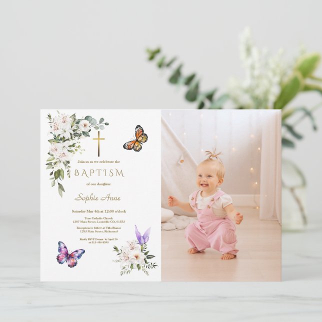 Elegant White Lily Butterfly Girl Photo Baptism Invitation (Standing Front)