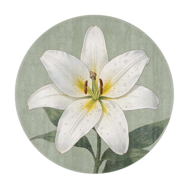 Elegant White Lily Dew Drops Botanical Cutting Board (Front)