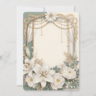 Elegant White Lily & Peony Floral Frame with Gold  Invitation