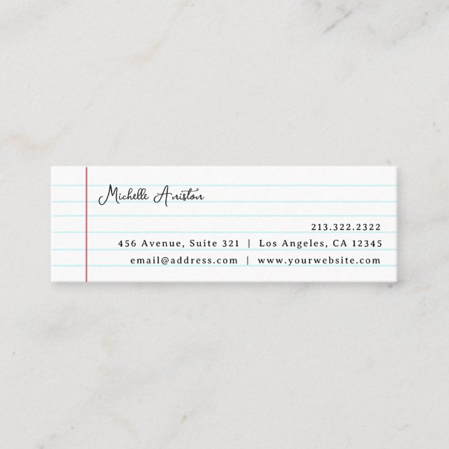Elegant White Lined Notebook Paper Personalised    Mini Business Card (Front)