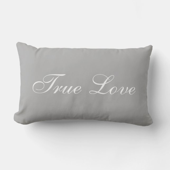 Elegant White Love Calligraphy on Silver Grey Lumbar Cushion (Front)