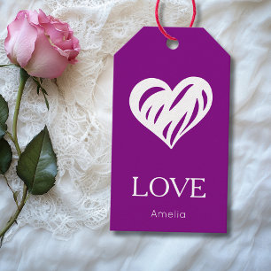 Elegant White Love Cutout Heart   Purple Gift Tags