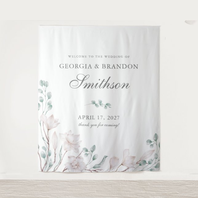 Elegant White Magnolia and Eucalyptus Wedding  Tapestry (Front)