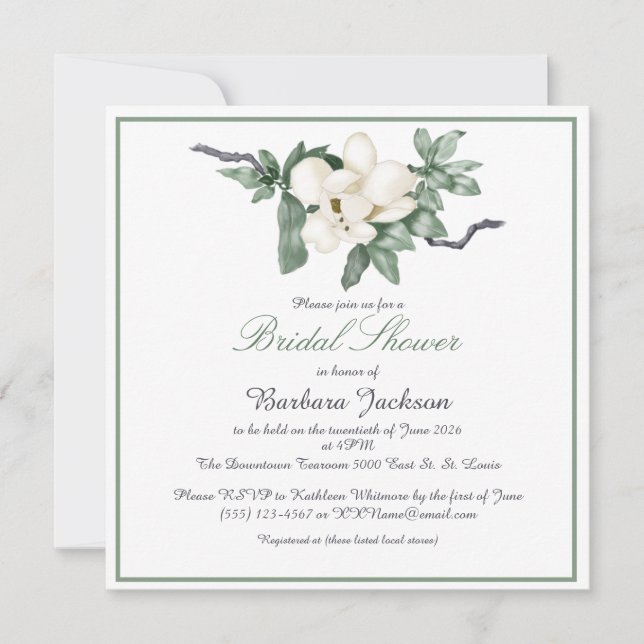 Elegant White Magnolia Blossom Bridal Shower Invitation (Front)