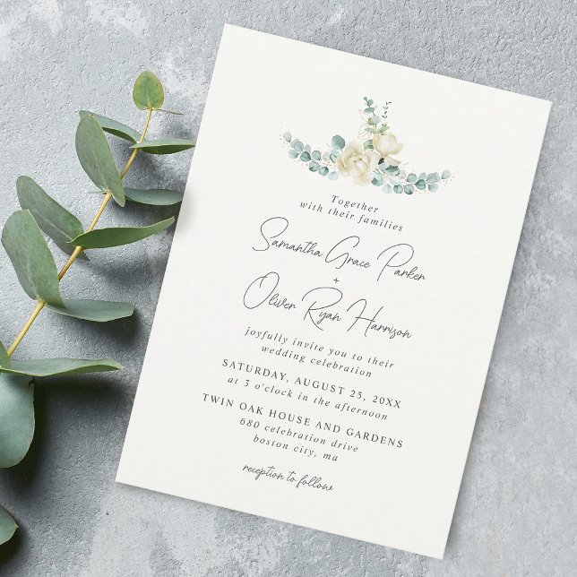 Elegant White Magnolia Eucalyptus Bouquet Wedding Invitation (Elegant White Magnolia Eucalyptus Bouquet Wedding Invitation)