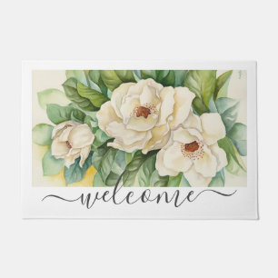 Elegant White Magnolia Floral Welcome Script Doormat