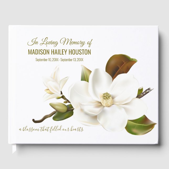 Elegant White Magnolia Flower Funeral Memorial Guest Book (Front)
