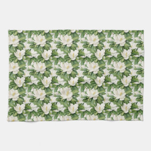 Elegant White Magnolia Flower Seamless Tea Towel