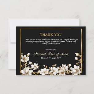 Elegant White Magnolia Gold Black Sympathy Funeral Thank You Card