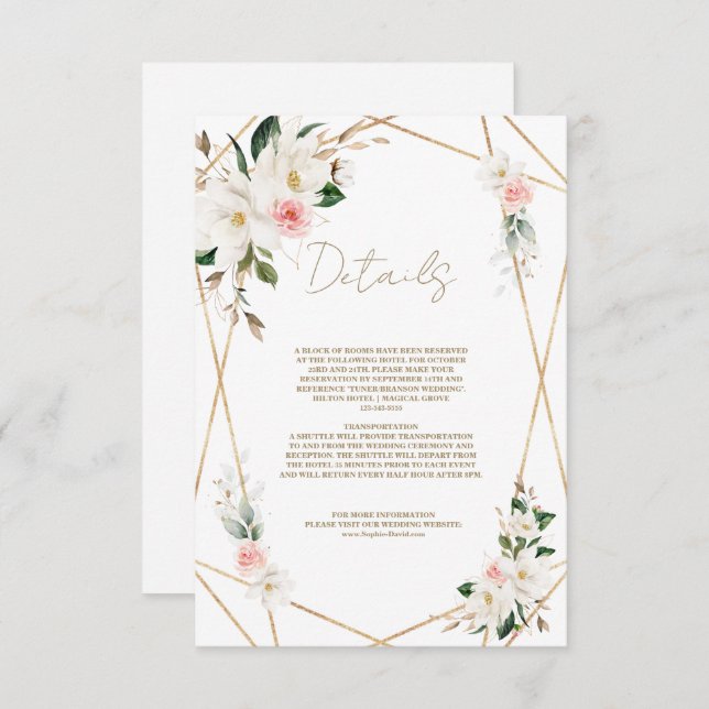 Elegant White Magnolia Gold Wedding Details Enclosure Card (Front/Back)