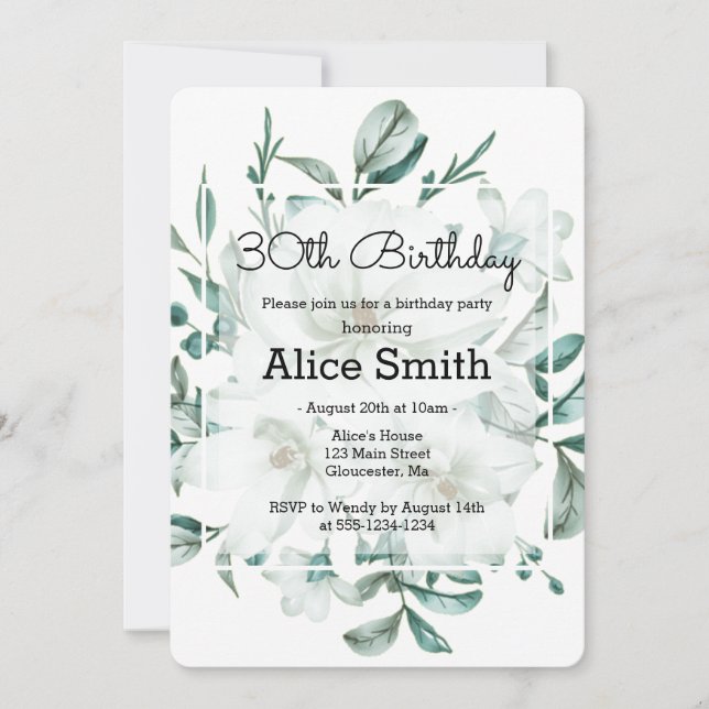 Elegant White Magnolia Greenery 30th Birthday Invitation (Front)