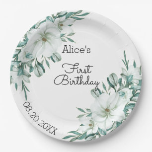 Elegant White Magnolia Greenery Flora 1st Birthday Paper Plate