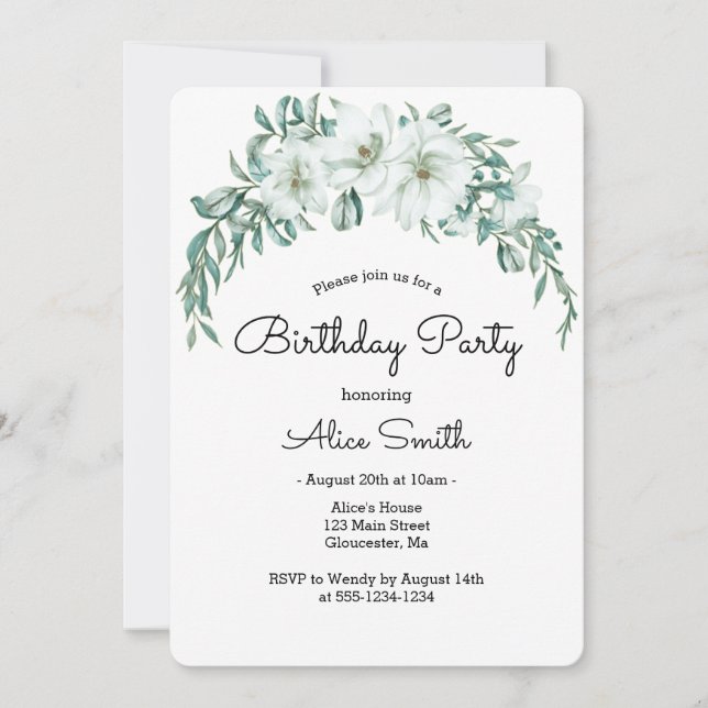 Elegant White Magnolia Greenery Flora Birthday  Invitation (Front)