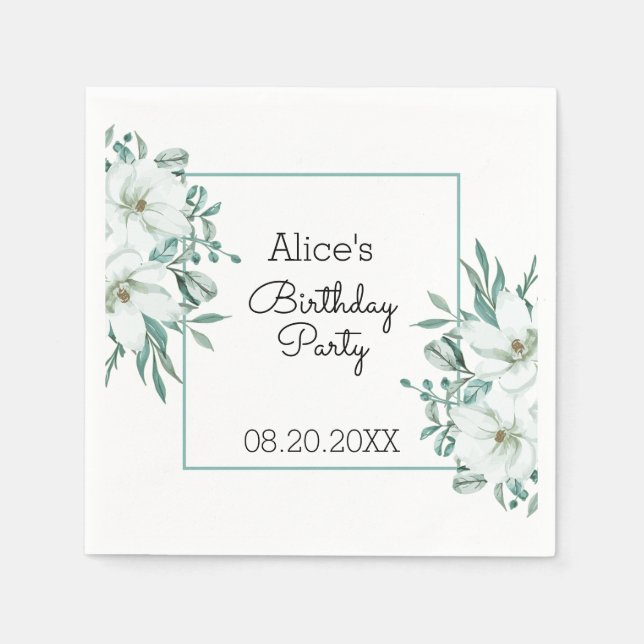 Elegant White Magnolia Greenery Flora Birthday  Napkin (Front)