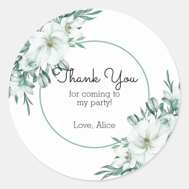 Elegant White Magnolia Greenery Flora Thank You Classic Round Sticker (Front)