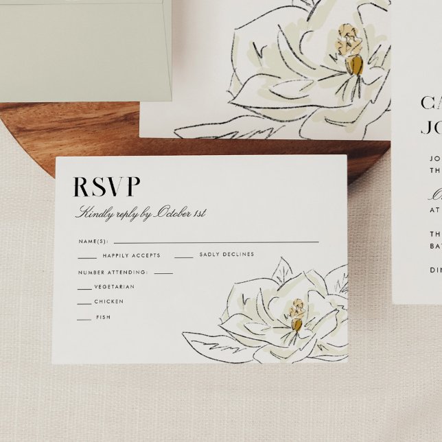 Elegant White Magnolia Illustration Wedding RSVP Card (Elegant white magnolia illustration wedding RSVP card.)