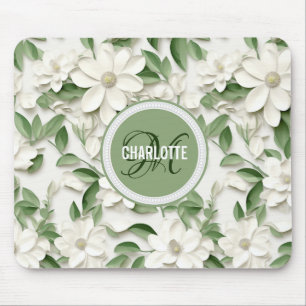 Elegant white magnolia monogrammed name mouse pad