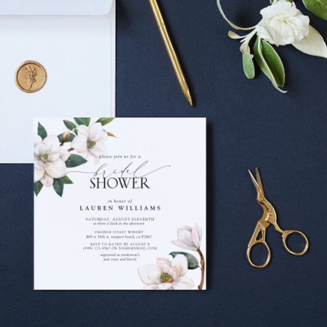 Elegant White Magnolia Watercolor Bridal Shower Invitation (Join us in a wonderland of magnolia bliss to shower the bride-to-be.)