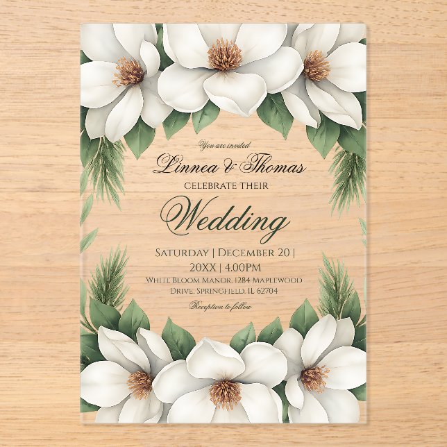 Elegant White Magnolia Wedding Pine Tree Frame Acrylic Invitations (Front)