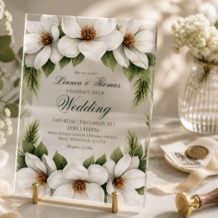 Elegant White Magnolia Wedding Pine Tree Frame Acrylic Invitations