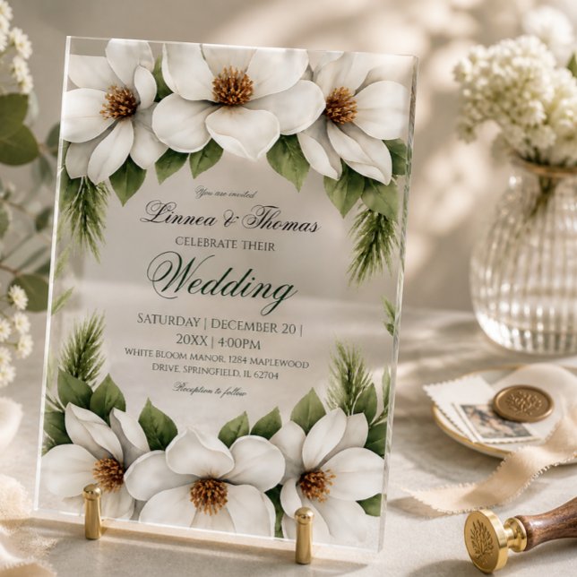 Elegant White Magnolia Wedding Pine Tree Frame Acrylic Invitations (Creator Uploaded)