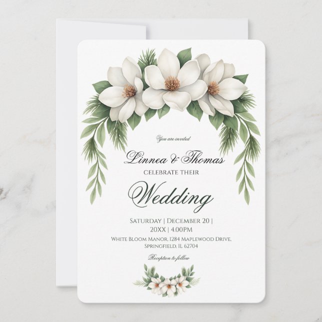 Elegant White Magnolia Wedding Pine Tree Frame Invitation (Front)