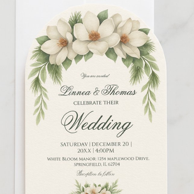 Elegant White Magnolia Wedding Pine Tree Frame Invitation (Creator Uploaded)