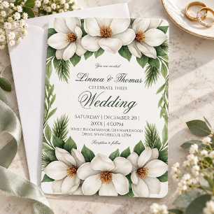 Elegant White Magnolia Wedding Pine Tree Frame Invitation