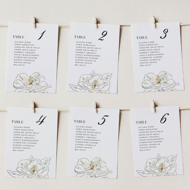 Elegant White Magnolia Wedding Seating Chart (Elegant Southern-inspired white magnolia illustration wedding table number cards.)