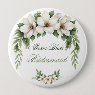 Elegant White Magnolia Winter Wedding Pine Tree  10 Cm Round Badge