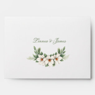 Elegant White Magnolia Winter Wedding Pine Tree Envelope