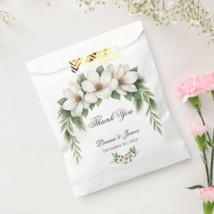 Elegant White Magnolia Winter Wedding Pine Tree Favour Bags