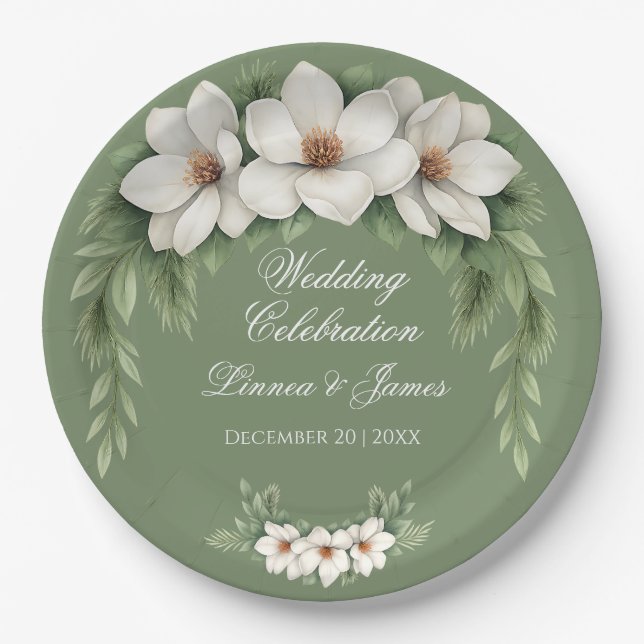 Elegant White Magnolia Winter Wedding Pine Tree  Paper Plate (Front)