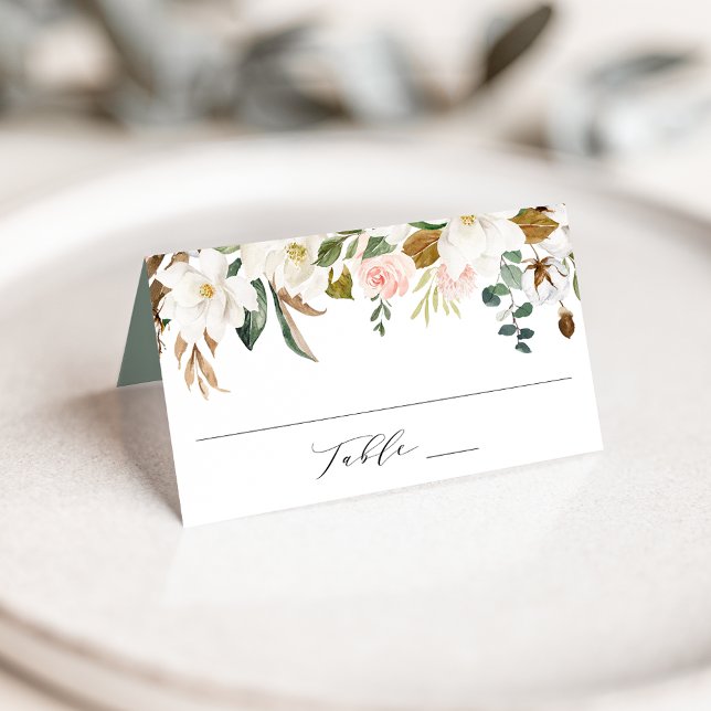Elegant White Magnolias and Blush Floral Wedding Place Card (Creator Uploaded)