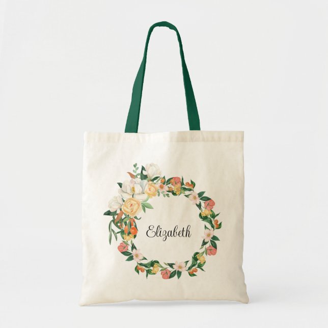 Elegant White Magnolias and Kumquats Bridesmaid Tote Bag (Front)