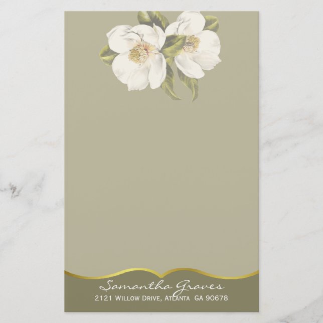 Elegant White Magnolias Custom Stationery (Front)