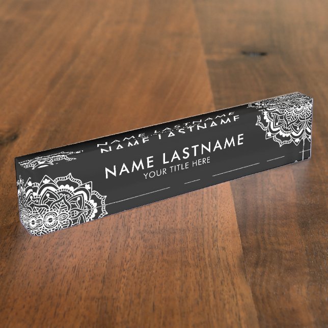 Elegant White Mandala Ornament on Black Title Nameplate (Side)