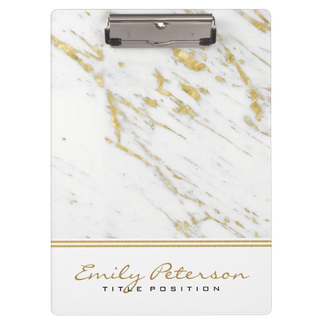 Elegant White Marble And Gold Glitter Clipboard (Front)