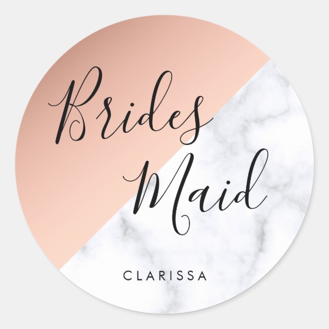 Elegant white marble & copper rose gold bridesmaid classic round sticker (Front)