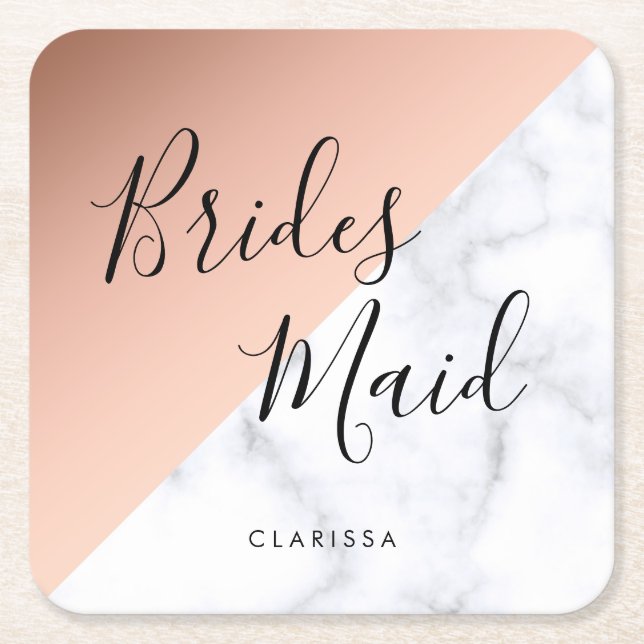 Elegant white marble & copper rose gold bridesmaid square paper coaster (Front)