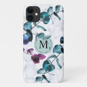 Elegant white marble eucalyptus foliage monogram Case-Mate iPhone case