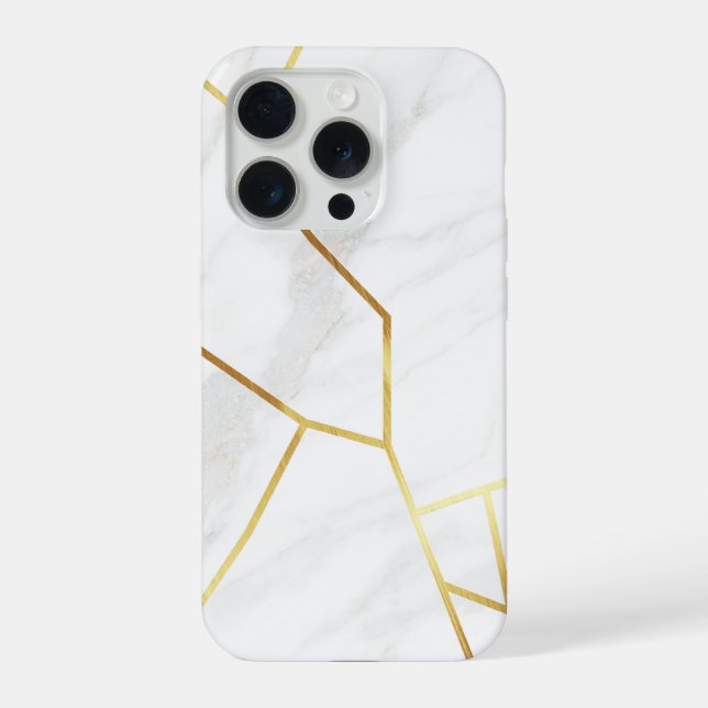 Elegant White Marble & Geometric Gold Kintsugi  iPhone Case (Back)