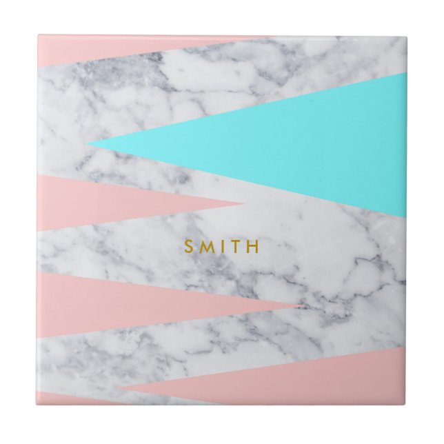 elegant white marble geometric triangles pink mint tile (Front)