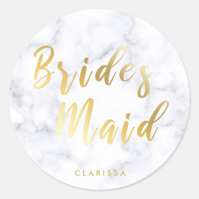 Elegant white marble & gold bridesmaid classic round sticker (Front)